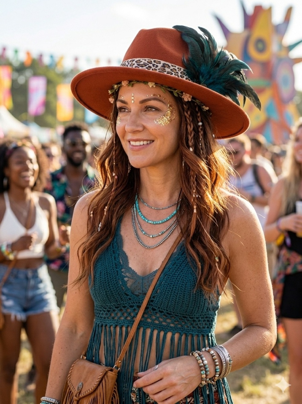 Women’s Rust Wide-Brim Feather Fedora Hat - Boho Festival Style custom